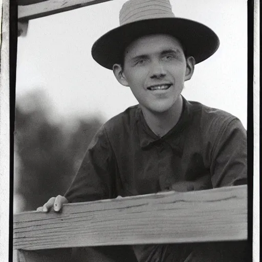 Image similar to photograph of a young man with a backward hat sitting on outdoor wooden bleachers next to a radio