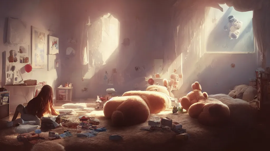 Image similar to a Photorealistic hyperrealistic render of an interior of a spoiled child's beautiful bedroom with a giant teddy bear sitting on the floor by PIXAR,Greg Rutkowski,WLOP,Artgerm,dramatic moody sunset lighting,long shadows,Volumetric, cinematic atmosphere, Octane Render,Artstation,8k