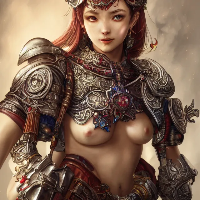 Image similar to studio portrait of lawful good colorful female holy shield paladin as absurdly beautiful, elegant, young sensual gravure idol, ultrafine hyperrealistic detailed face illustration by kim jung gi, irakli nadar, intricate linework, sharp focus, bright colors, matte, octopath traveler, final fantasy, unreal engine highly rendered, global illumination, radiant light, intricate environment