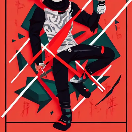 Image similar to Album Art for Playboi Carti as Black Madara, Ninja Scroll, Vector art, Geometric 3d shapes, Gang, Guns, Blood, red smoke, by Sachin Teng, Trending on artstation