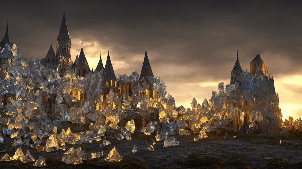 Image similar to medieval baroque castle made of crystal shards : : epic landscape, iceland photography, cinematic, octane render, 8 k, artstation trends, dramatic lighting, beautiful dusk sky, concept art, rococo, photo realistic, intense detail