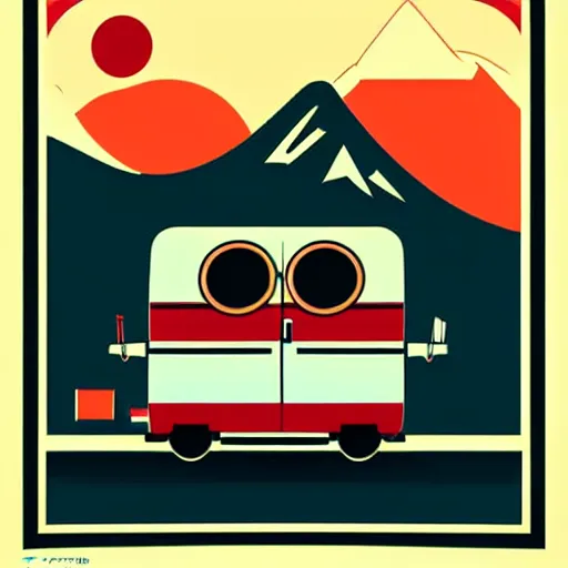 Image similar to stylized line art graphic of a white and black cute thor chateau! motorhome camper!!, mountains, colorful sunset!!, line art by tom whalen