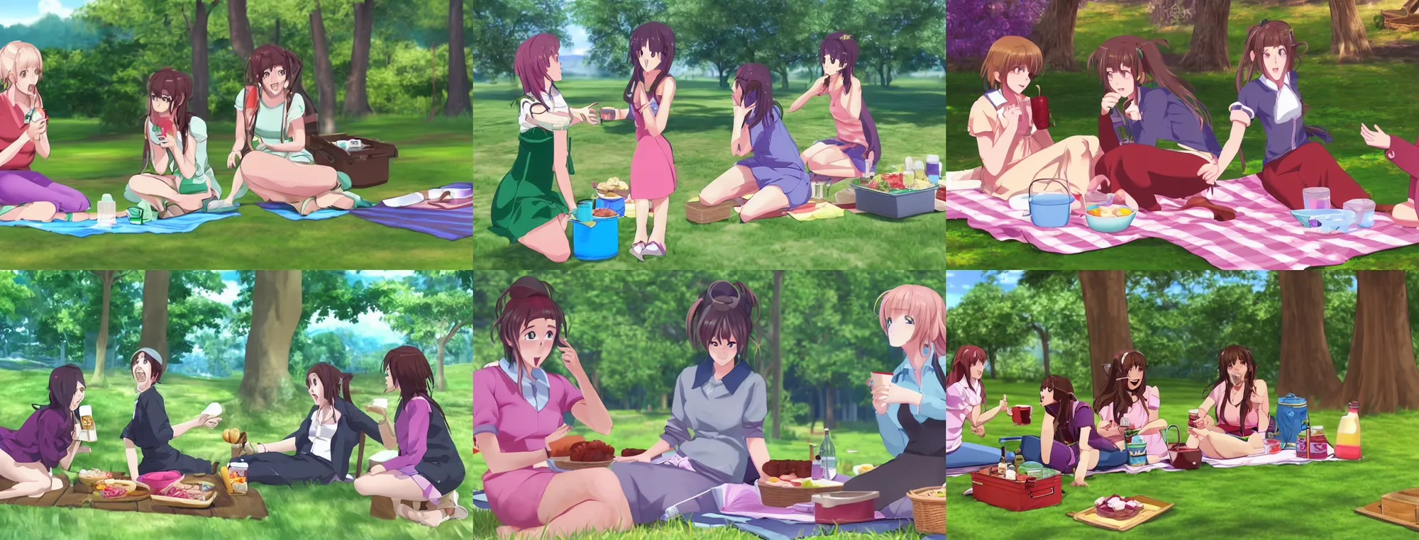 Prompt: embarrassing picnic argument, two girls arguing about a cup, funny visual novel cutscene