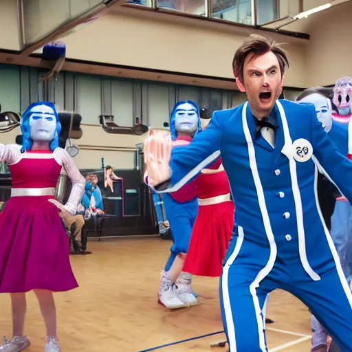 Image similar to promotional image of an action shot of David Tennant as Doctor Who at a polka dancing contest at the YMCA basketball gym, around the gym cybermen and daleks and captain jack are clapping, in the background the Tardis door is wide open, frenetic, quirky, movie still, promotional image, imax 70 mm footage, HDR, 8K, 4K, ultrarealistic, photorealistic