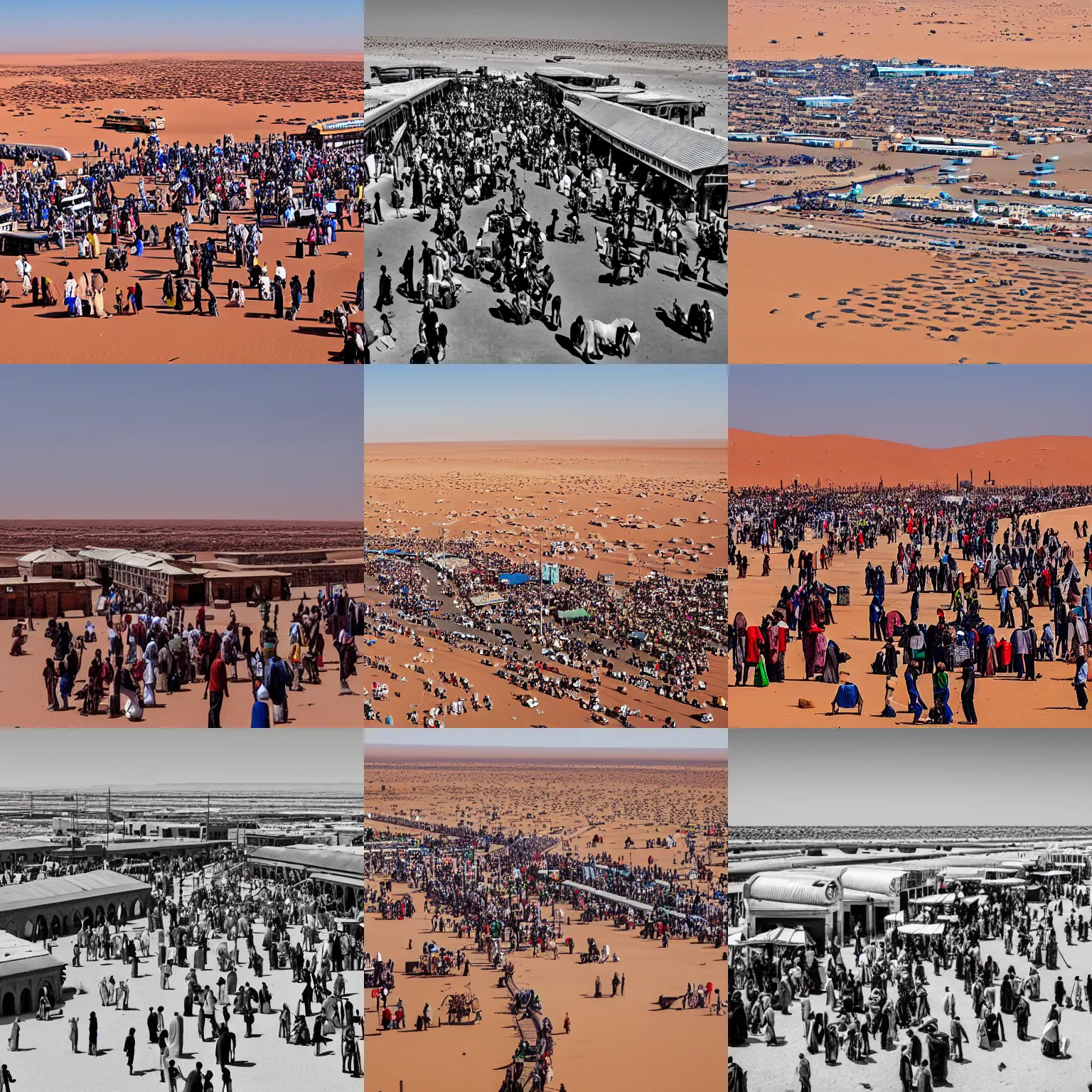Prompt: Busy grand train station in the sahara desert