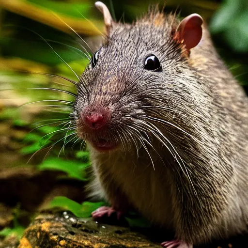 Image similar to a national geographic close-up photograph of a giant smiling rat standing at the top of a mountain in the jungle, in the rain.