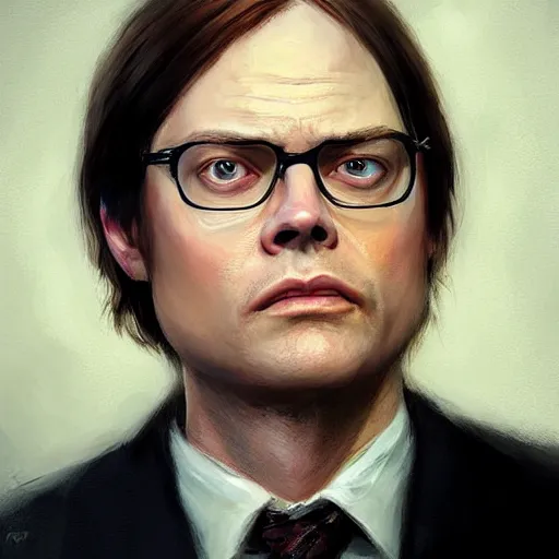 Image similar to hyper realistic, portrait of dwight schrute painted by greg rutkowski, wlop, loish,