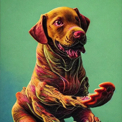 Prompt: a puppy, bloated, fluid, smooth, organic, crazy, bright, colours, tumours, high contrast, sharpness, dramatic, very detailed, intricate, by giger and corben and moebius and beksinski and bosch and bacon and dali