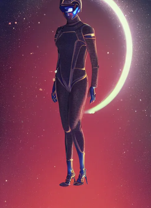 Prompt: cyber glam noun astronaut jumpsuit, helmet removed, the expanse, sci fi, futuristic, detailed illustration, digital art, trending on artstation, soft ambient lighting, volumetric lighting, rim lighting, photorealism, canon 5 d, yoshitaka amano, alphonse mucha, arney freytag, maxfield parrish, new art nouveau