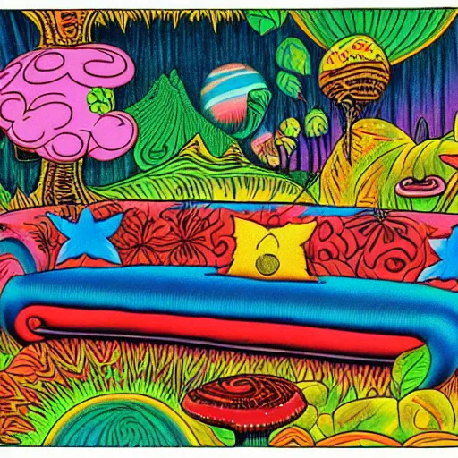 Prompt: psychedelic trippy couch in the lush forest, planets, flowers, mushrooms milky way, sofa, cartoon by carl barks