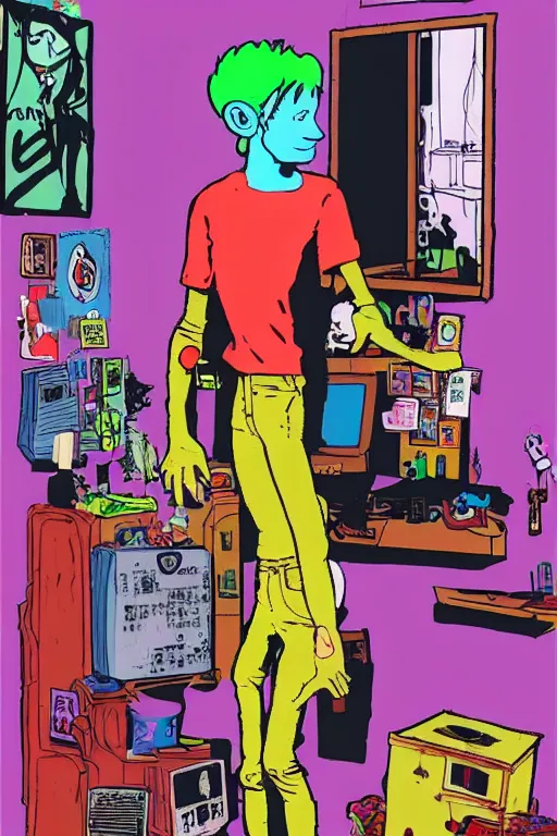 Prompt: a skinny goth guy standing in a cluttered 9 0 s bedroom by jamie hewlett, jamie hewlett art, full body character concept art, vaporwave colors, aesthetic!!,