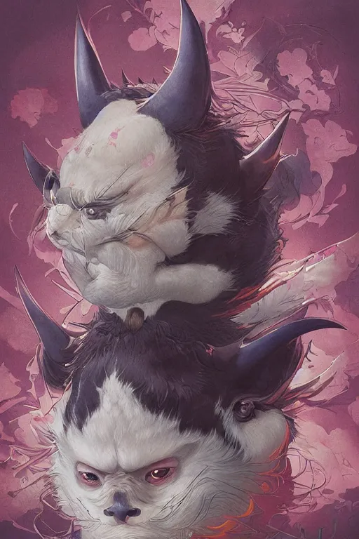 Image similar to a portrait of a cute japanese devil animal illustrated by miyazaki by karol bak, james jean, tom bagshaw, rococo, sharp focus, trending on artstation, cinematic lighting, hyper realism, octane render, 8 k, hyper detailed, vivid, ultra detailed, highly detailed