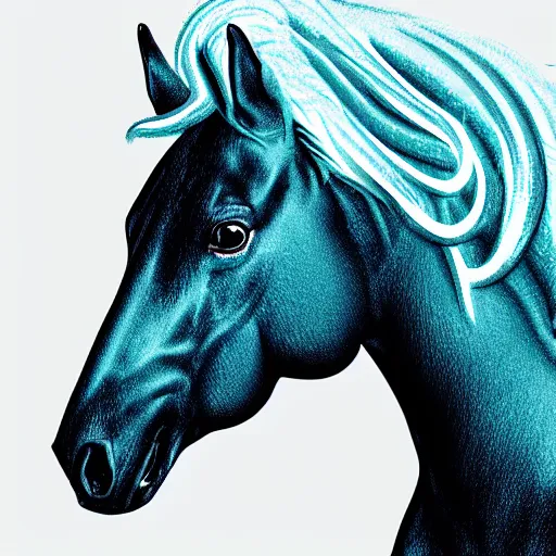 Prompt: digital horse stare, retrowave palette, highly detailed, anatomically correct equine, synth feel, smooth face, ear floof, flowing mane, no reins, super realism, accurate animal imagery, 4 k digital art