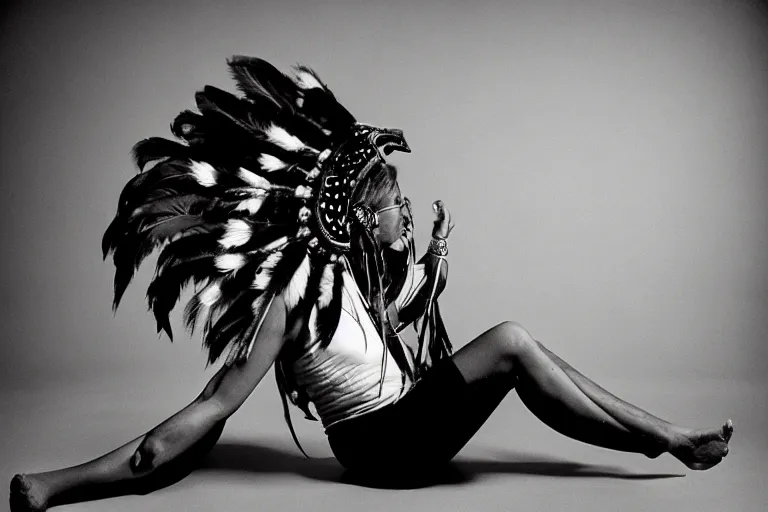 Prompt: a woman in a buffalo headdress reclining on the ground with one leg in the air, cosplay, photoshoot, studio lighting, photograph by Bruce Weber