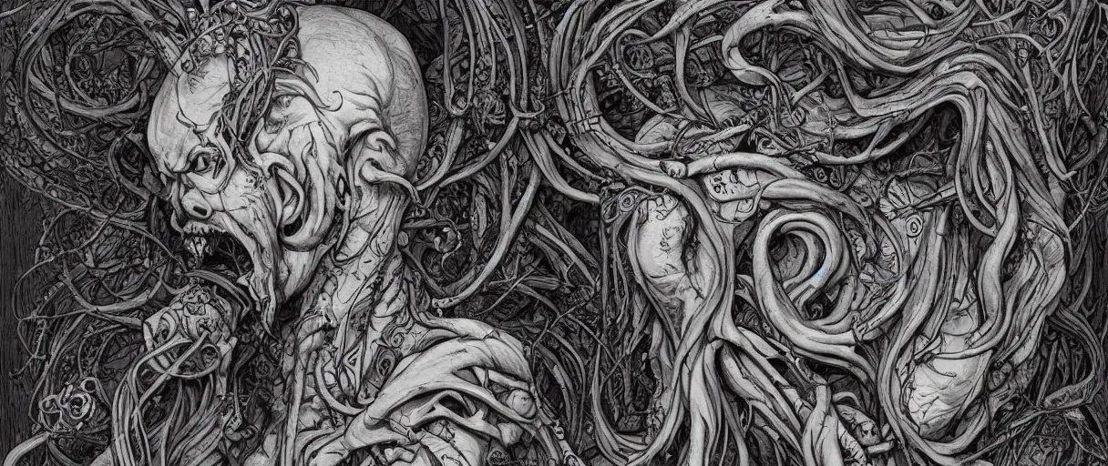 Image similar to centered horrifying detailed side view profile portrait of a insane, crazed, mad old bald zombie, cthulhu, eldritch abomination, dunwitch horror, ornate tentacles growing around, ornamentation, thorns, vines, tentacles, elegant, beautifully soft lit, full frame, 8 k by wayne barlowe, peter mohrbacher, kelly mckernan, h r giger