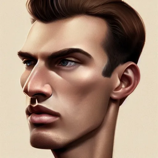 Image similar to tall man in his twenties with brown blond short quiff hair and thin slightly round facial structure with cleft chin, straight eyebrows and prominent nose, good definition of cheekbones, big hazel nut brown eyes, narrow face, slim body, atmospheric lighting, painted, intricate, 4 k, highly detailed by charlie bowater