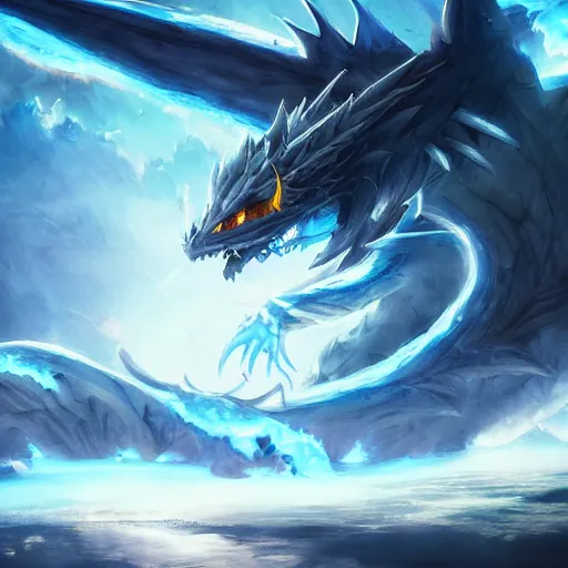 Image similar to a blue eye white dragon, battlefield background, bright art masterpiece artstation. 8 k, sharp high quality artwork in style of jose daniel cabrera pena and greg rutkowski, concept art by tooth wu, blizzard warcraft artwork, hearthstone card game artwork, yugioh artwork