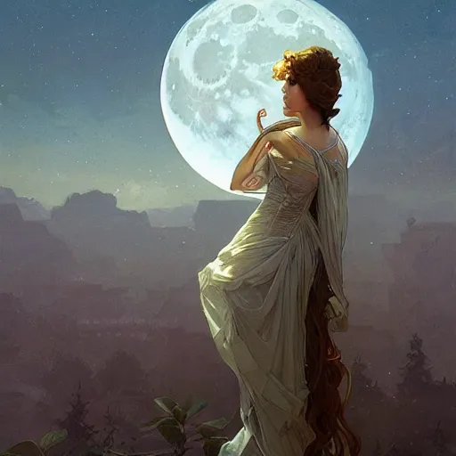 Image similar to Moon in the background, intricate, elegant, highly detailed, digital painting, artstation, concept art, smooth, sharp focus, illustration, art by artgerm and greg rutkowski and alphonse mucha