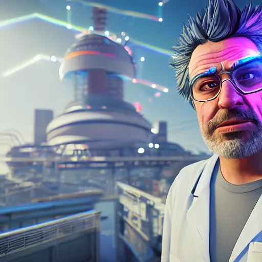 Image similar to portrait of rick sanchez, lab coat and tee shirt, lens flare, atmosphere, glow, detailed, intricate, full of colour, cinematic lighting, trending on artstation, 4 k, hyperrealistic, focused, extreme details, unreal engine 5, cinematic, masterpiece