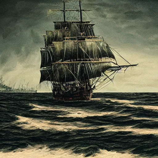 Prompt: pirate ship galleon dark green hull, pitch black sails, beautiful photorealistic painting