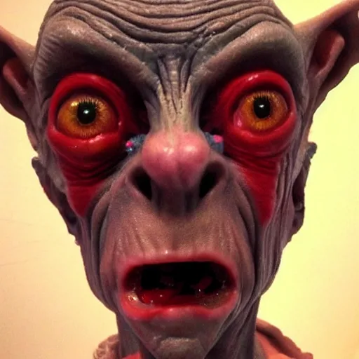 Image similar to Gollum with red eyes smoking blunt selfie