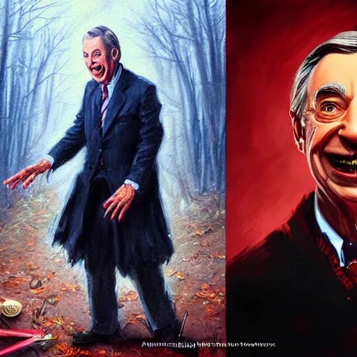 Prompt: hyper realistic portrait painting of evil mr. rogers as freddy krueger, painted by greg rutkowski, wlop, artgerm