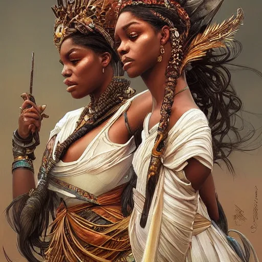 Image similar to three!! beautiful Zulu goddesses, intricate, elegant, highly detailed, digital painting, artstation, concept art, smooth, sharp, focus, illustration, art by artgerm and greg rutkowski and alphonse mucha