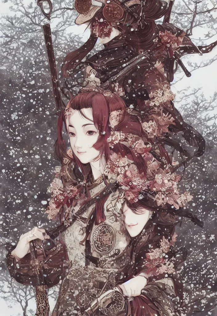 Image similar to detailed portrait of steampunk girl samurai with swords and steampunk rifles, in snow forest sakura cherry blossom, hakama kimono, trending on artstation elite, elegant, luxury, by krenz cushart, junji ito, takato yamamoto, perfect face, fine details, realistic shaded, fine - face, pretty face