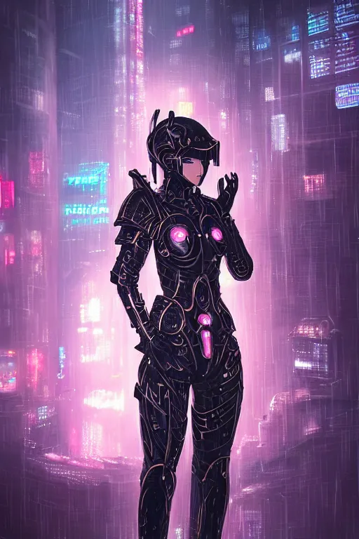 Image similar to portrait of evilly and strong stunning futuristic knights of Zodiac girl, black and copper armor, in futuristic heavily raindrop tokyo rooftop cyberpunk night, ssci-fi, fantasy, intricate, very very beautiful, elegant, neon light, highly detailed, digital painting, artstation, concept art, human anatomy, soft light, hdri, smooth, sharp focus, illustration, art by tian zi and craig mullins and WLOP and alphonse mucha