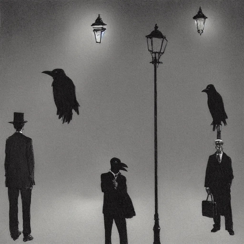 Prompt: a man wearing a suit and a raven mask standing in the middle of a street illuminated by a lone street lamp, by norman rockwell, cinematic lighting, detailed drawing