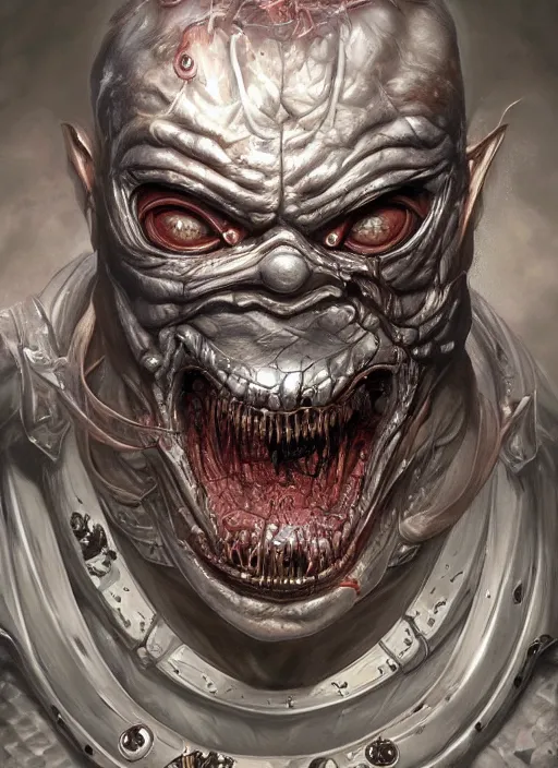 Image similar to screaming chucky doll mf doom reptile eyes, metal led skin. intricate, elegant, highly detailed, centered, digital painting, artstation, concept art, smooth, sharp focus, illustration, artgerm, tomasz alen kopera, peter mohrbacher, donato giancola, joseph christian leyendecker, wlop, frank frazetta