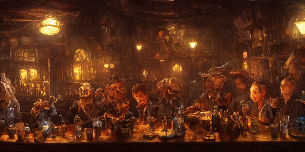Prompt: busy tavern scene, Ultra realistic, intricate, mysterious, cinematic, Victorian, by Tony Sart and Anato Finnstark, 4k, 8k, illustration, concept art, photorealistic, award winning on Artstation, deviantart