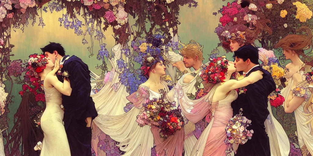 Prompt: the groom kisses the bride at a wedding full of flowers, bright and happy, dreamlike art, highly detail, 4 k realistic, krenz cushart. artem demura. alphonse mucha. yoji shinkawa artgerm. jon lothian. danilo torres. adi meyers. thomas reimann. gaston bussiere.