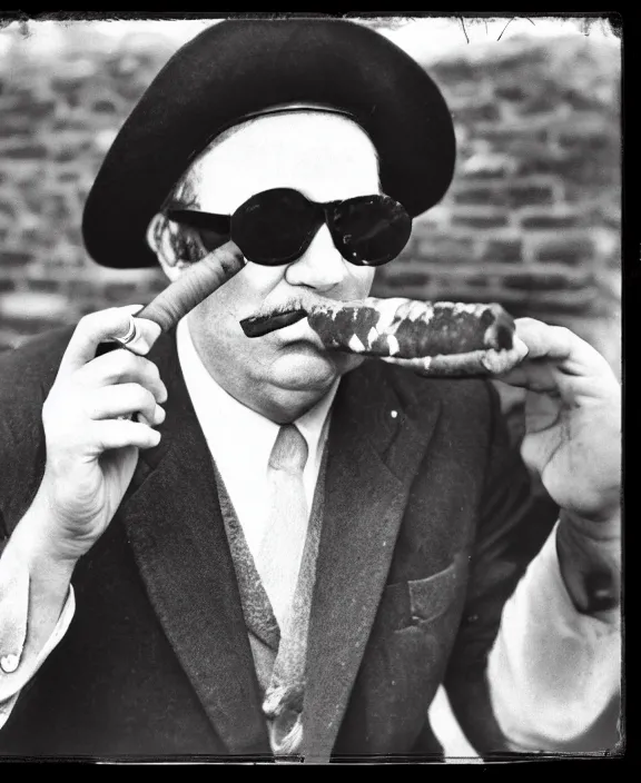 Prompt: a vintage photo medium shot of a middle - aged man wearing a round bowler and sunglasses, holding a cigar. very coherent.