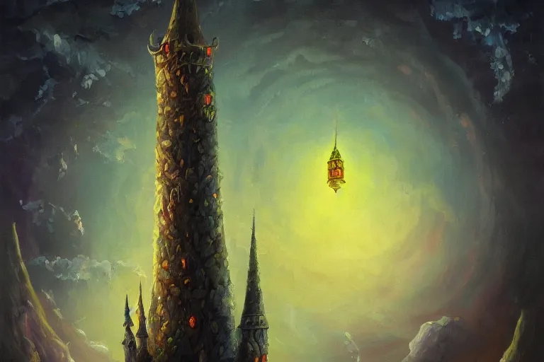 Image similar to oil painting of a sorcerer's magical tower, dark tones, bright flash, ant's eye view, ground view, intricate magic details, wizard tower, bursting with magic, trending on artstation cgmatter deviantart, ground ant perspective, looking up