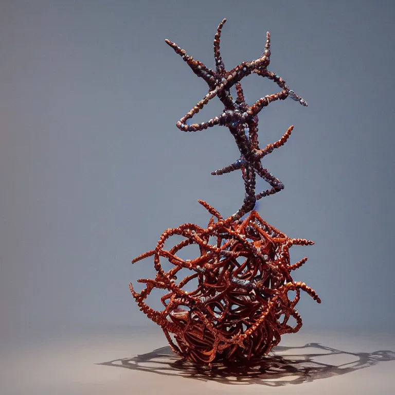 Prompt: hyperrealistic sculpture of a bronze ancient fossilized sea urchin brittle star dusted with opalescent blue and iridescent red spraypaint in a nylon grid cage on a pedestal by ron mueck and duane hanson and lee bontecou, hyperrealistic dramatic colored lighting trending on artstation 8 k