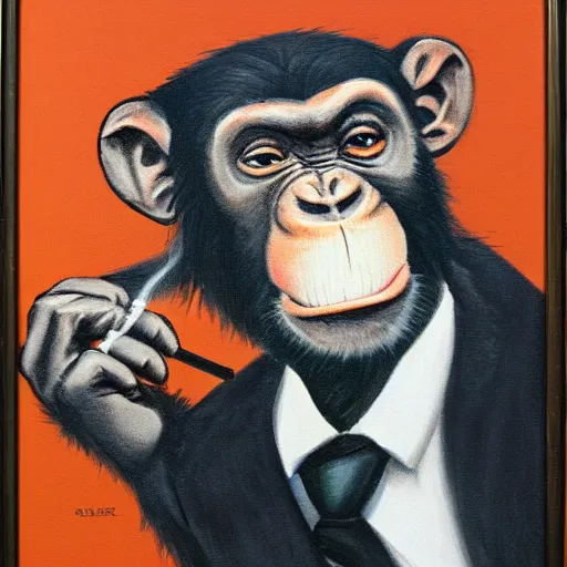 Image similar to a high detail portrait of a chimp wearing a suit 👔,and smoking🚬