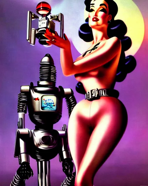Image similar to closeup beautiful retro space dita von teese posing with a chrome robot in diesel punk city at night, pinup, windblown dark hair, seductive, hyper detailed, digital art, smooth, sharp focus, gil elvgren, luis royo, alberto vargas, 1 9 5 0, when mars attacks