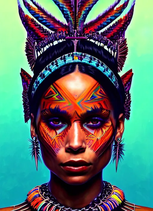 Image similar to portrait of zoe kravitz, hyper detailed ultra sharp aztec shaman warrior. trending on artstation, warpaint aesthetic, bloodwave, colorful, psychedelic, ornate, intricate, digital painting, concept art, smooth, sharp focus, illustration, art by artgerm and greg rutkowski and h. r. giger, 8 k