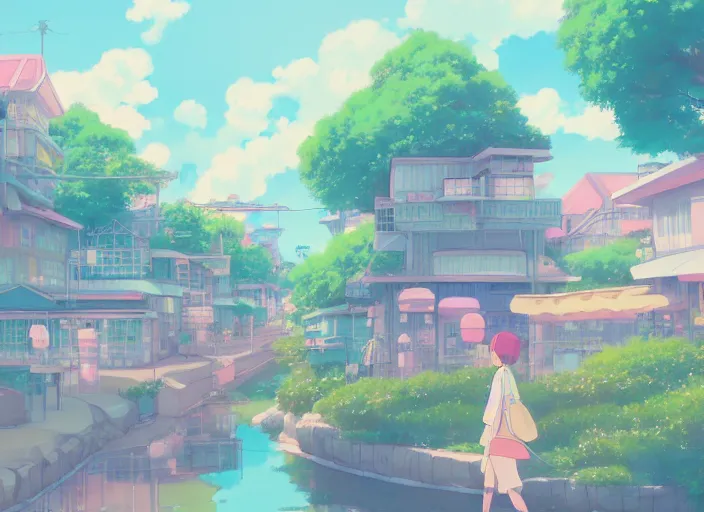 Prompt: 8k digital illustration depicting a quaint anime city in serene pastel color scheme, inspired by studio ghibli, Artstation, CGsociety, zbrushcentral