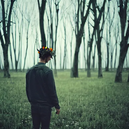 Image similar to kodak portra 1 6 0 photograph of a skinny guy standing in field of dead trees, flower crown, back view, moody lighting, moody vibe, telephoto, 9 0 s vibe, blurry background, tranquil, calm, faded!,