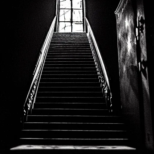 Prompt: grainy photograph of a dark and dilapidated staircase, positioned at the bottom step looking up the staircase, a ghost that looks like 2 1 savage in the darkness at the top of the stairs