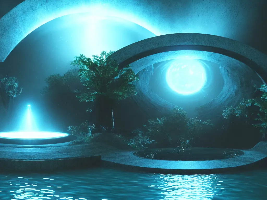 Image similar to a magical circular portal to another world in a lake opening under the water, lights, magical, ethereal, sci - fi, art, 8 k render octane high definition