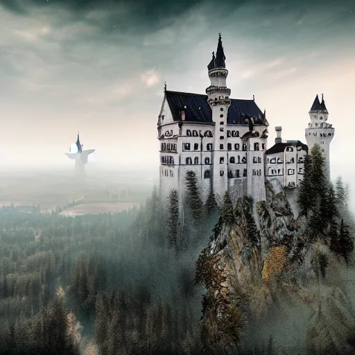 Image similar to ((Neuschwanstein)) in a !!! post-apocalyptic!!! landscape, cinematic, atmospheric, highly detailed, HDRI, 8k octane render, hyper realistic