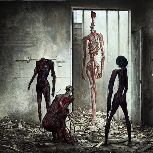 Prompt: A horrific painting of sinister broken mannequins in an abandoned warehouse. Backroom liminal spaces. Queue. Door. by Tom Bagshaw, Dan Mumford, Dariusz Zawadzki, Todd McFarlane, and Erik Johansson