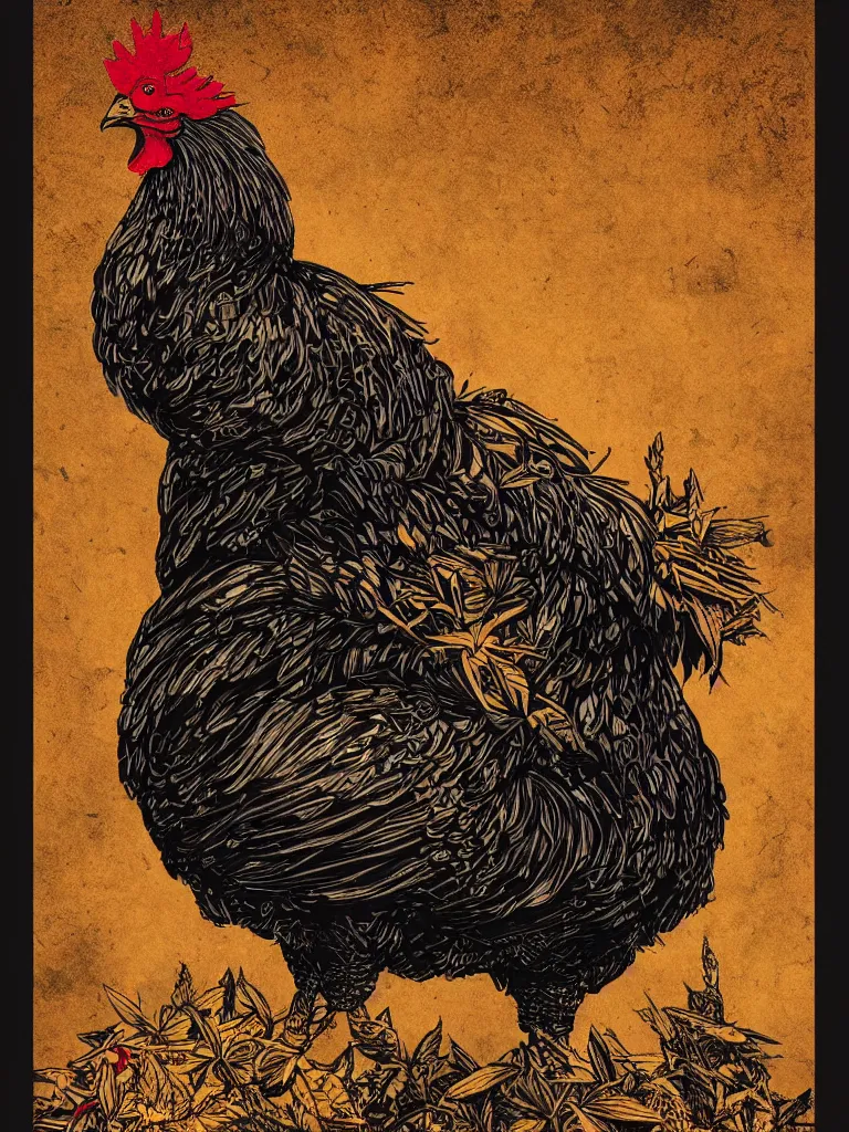 Image similar to dark military portrait of a majestic Fat!!!! Black Rooster, the King of rooster old decrepit tarot card, avian warrior, red gold black royal tarot card background, with blunt brown border and Cannabis trees, ultra-detailed pen and ink illustration, sharp focus, matte painting, symmetrical, golden ratio, cgsociety, concept art, 8k, octane render, artstation, art by Gerald Brom