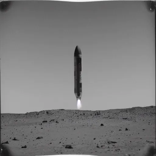 Prompt: black and white polaroids of a rocket taking off from mars