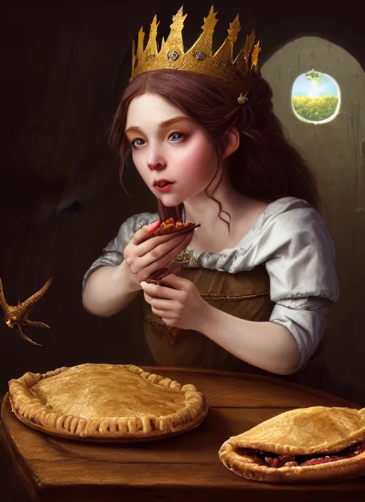 Image similar to highly detailed closeup portrait of a fairytale medieval princess eating meat pies, unreal engine, greg rutkowski, nicoletta ceccoli, mark ryden, earl norem, lostfish, global illumination, god rays, detailed and intricate environment