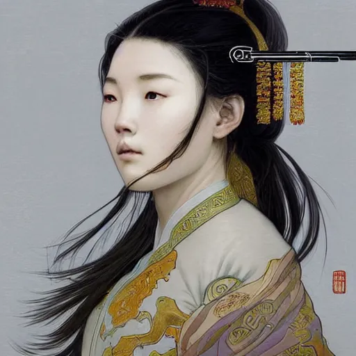 Image similar to A portrait of An beautiful!!! ancient Chinese female swordsman by Ross Tran!!! and alphonse mucha and greg rutkowski! and gustav doré! and Zdzisław Beksiński! and Ruoxin Zhang!!!,In style of digital art illustration.Symmetry.Highly detailed face.Fantasy,smooth,hyper detailed,sharp focus,Soft light.trending on artstation.