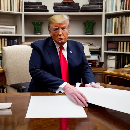Image similar to candid portrait photo of president trump at his desk shoving crumpled papers into his mouth, chewing paper, eating paper, detailed portrait, 4 k, megapixel, sony a 7 s, f / 8, 2 4 mm lens
